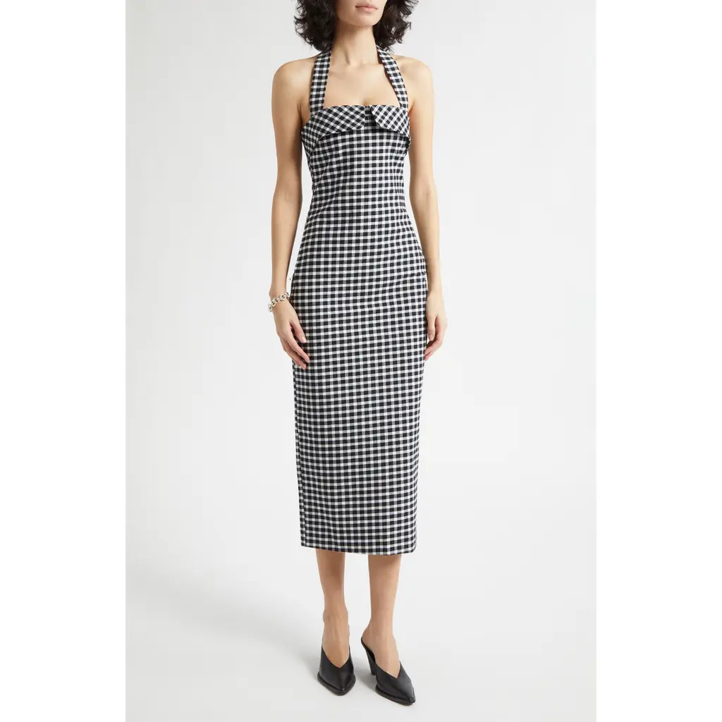 POSSE Chiara Gingham Halter Neck Pencil Dress in Black/White at Nordstrom, Size X-Small | Nordstrom