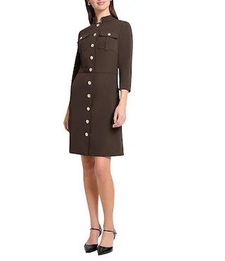 Ming Wang Stretch Deco Crepe Utility Stand Collar 3/4 Sleeve Button Front Dress | Dillard's | Dillard's