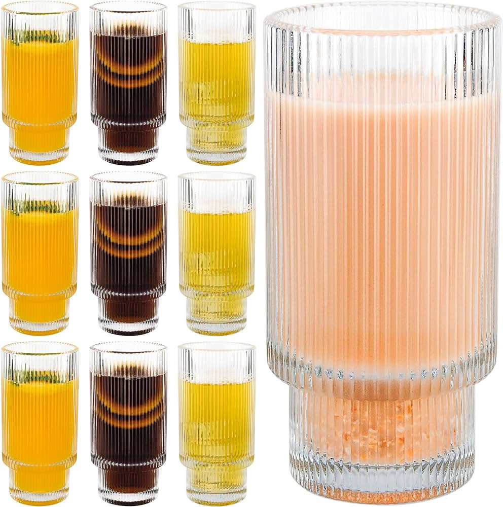 QUMMFA 10 Pack Ribbed Drinking Glasses, 11oz Glass Cups Set, Beer Glasses, Iced Coffee Glasses, C... | Amazon (US)