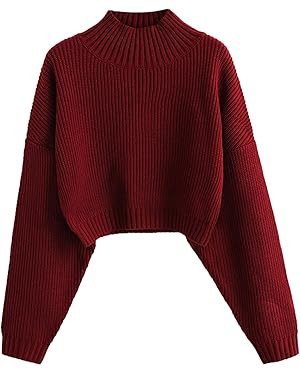 ZAFUL Women's Cropped Turtleneck Sweater Lantern Sleeve Ribbed Knit Pullover Sweater Jumper | Amazon (US)