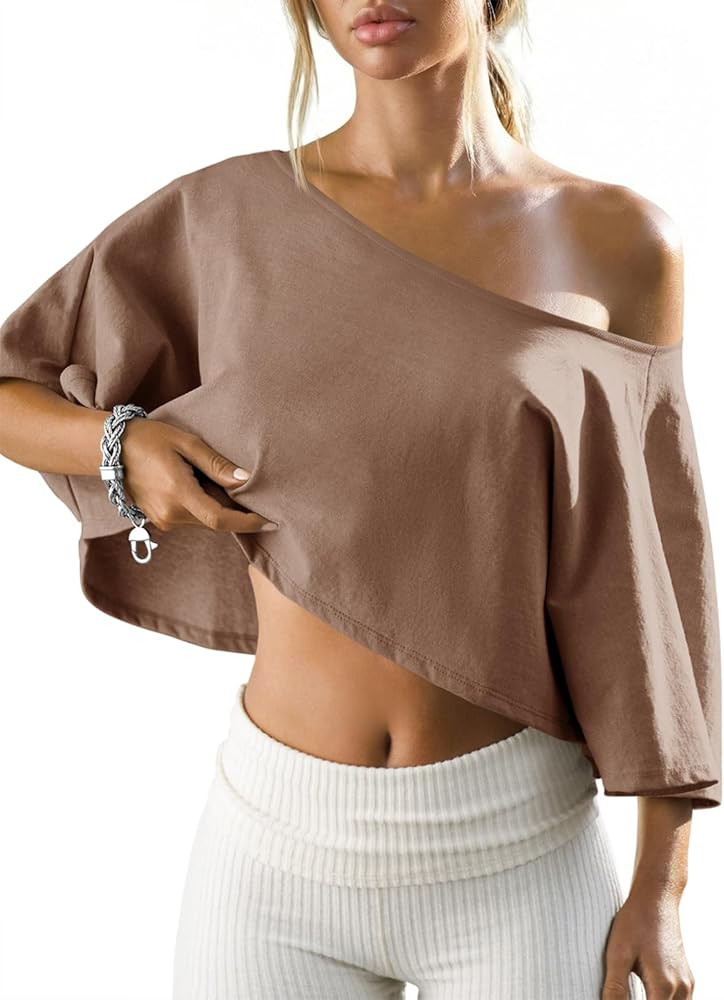 Fisoew Womens Off The Shoulder Cropped Tops Batwing Short Sleeve Workout Shirts Asymmetrical Neck... | Amazon (US)
