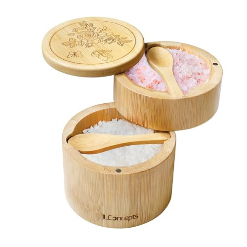 Bamboo Salt and Pepper Box, Bowl, Salt Cellar with Magnetic Swivel Lid and Spoons - Dual Compartment (8oz & 4oz) 2-Tier Wooden Container for Countertop, Holder for Sugar, Herbs, Spices (Rose Engr) | Amazon (US)