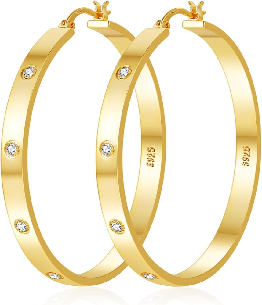 Lightweight Sterling Silver Hoop Earrings for Women 5MM Wide Large Rhinestone Hoop Earrings Spark... | Amazon (US)