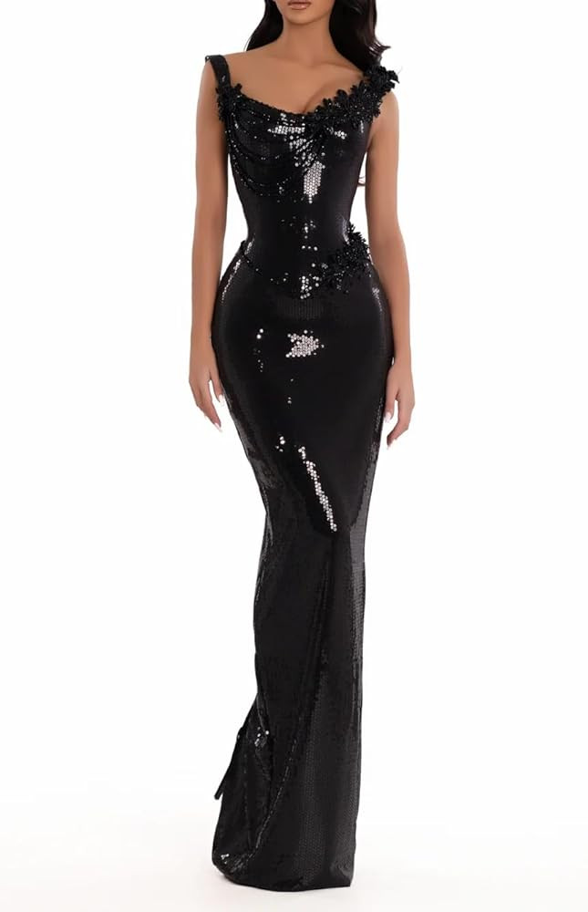 Floral Sequin Maxi Dress Luminous Noir Premium Black Evening Party Fishtail Gown | Amazon (US)
