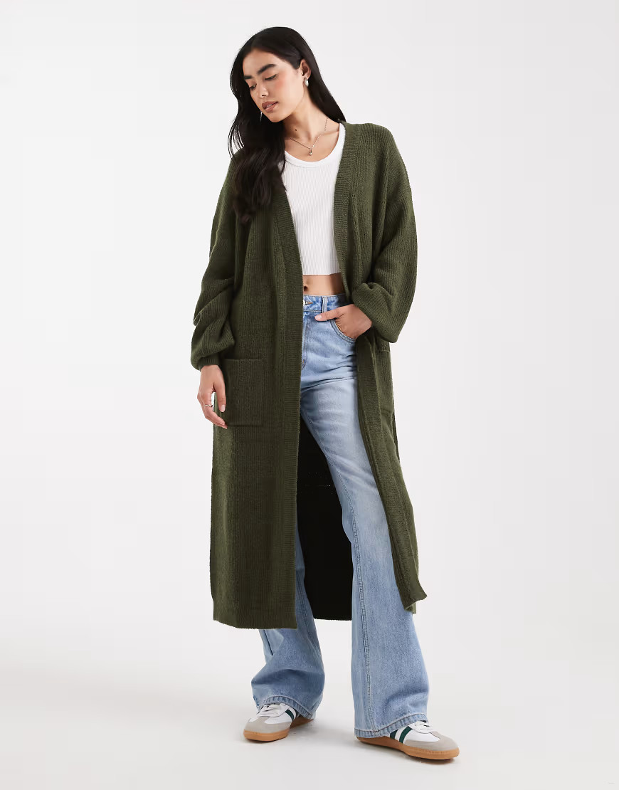 Miss Selfridge maxi cardigan in khaki-Green | ASOS (Global)