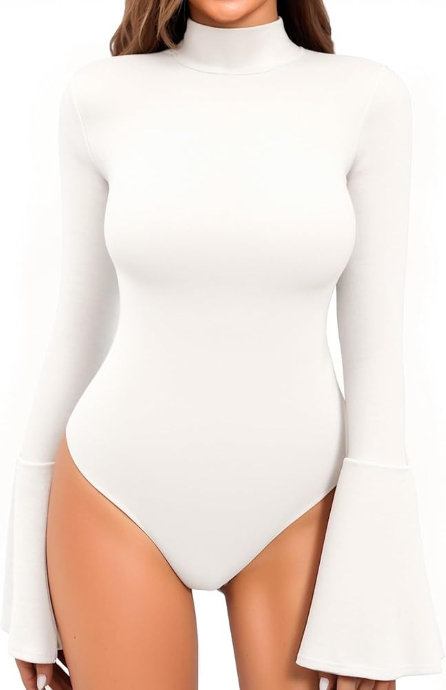 MANGOPOP Bell Sleeve Mock Neck Long Sleeve Bodysuit for Going Out Tops for Women | Amazon (US)