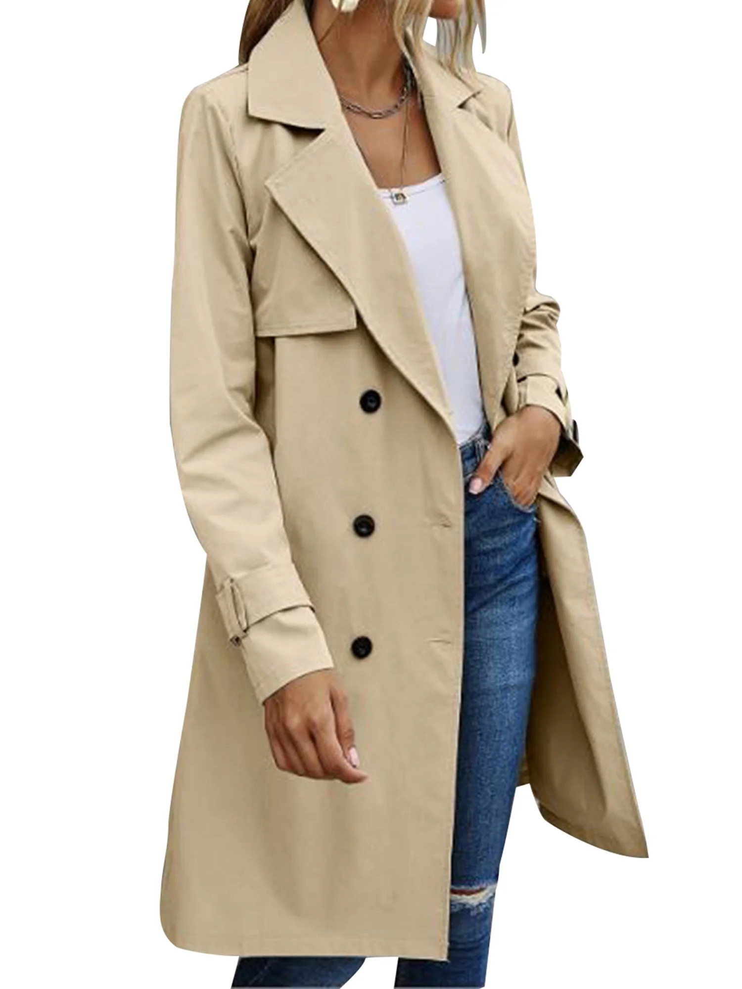 Frobukio Women Double Breasted Long Trench Coat, Classic Lapel Long Autumn Jacket Windproof Overc... | Walmart (US)
