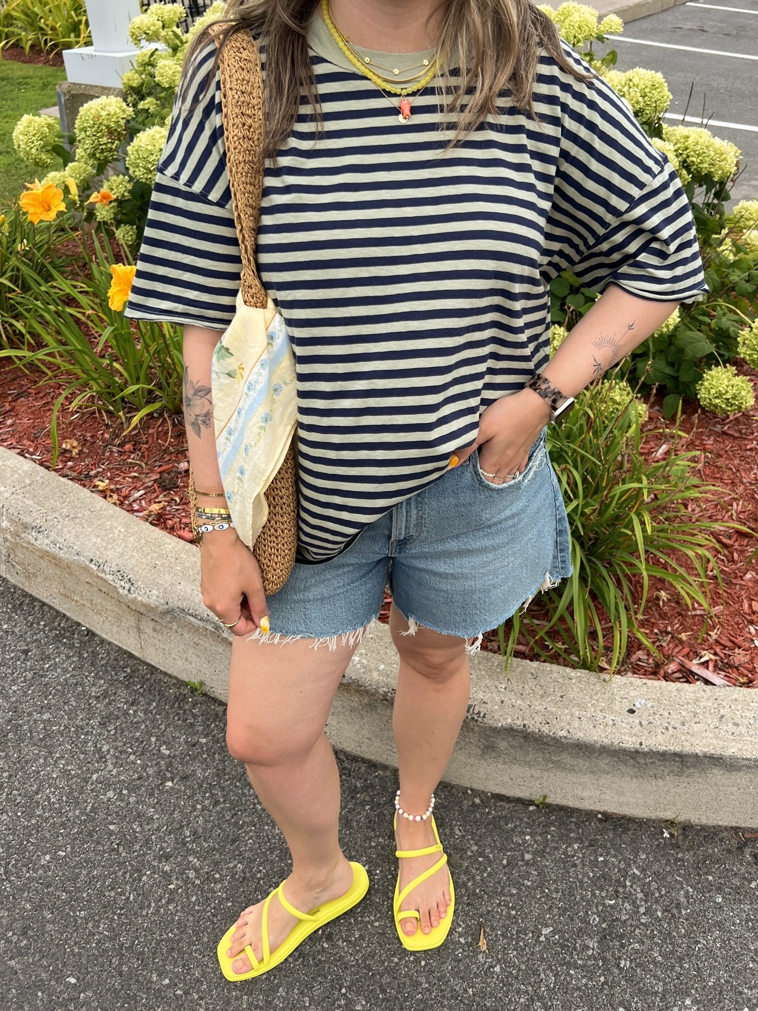 Comfy summer outfit! Wearing L in the striped tee, sized up to 32 in the denim shorts for a loose fit. I’m a 9.5-10 shoe and wear a 10 in the crocs sandals

#LTKsale #LTKmidsize #LTKsummer