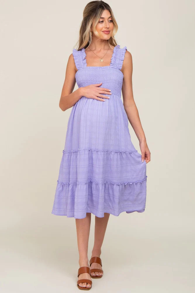Lavender Smocked Square Neck Ruffle Strap Tiered Maternity Midi Dress | PinkBlush Maternity