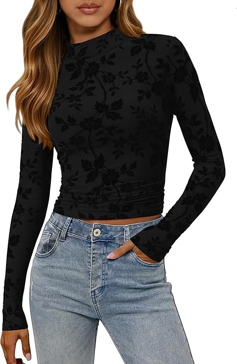 MASCOMODA Mesh Long Sleeve Tops for Women Trendy 2026 Spring Mock Neck Sexy Going Out Crop Top Cu... | Amazon (US)