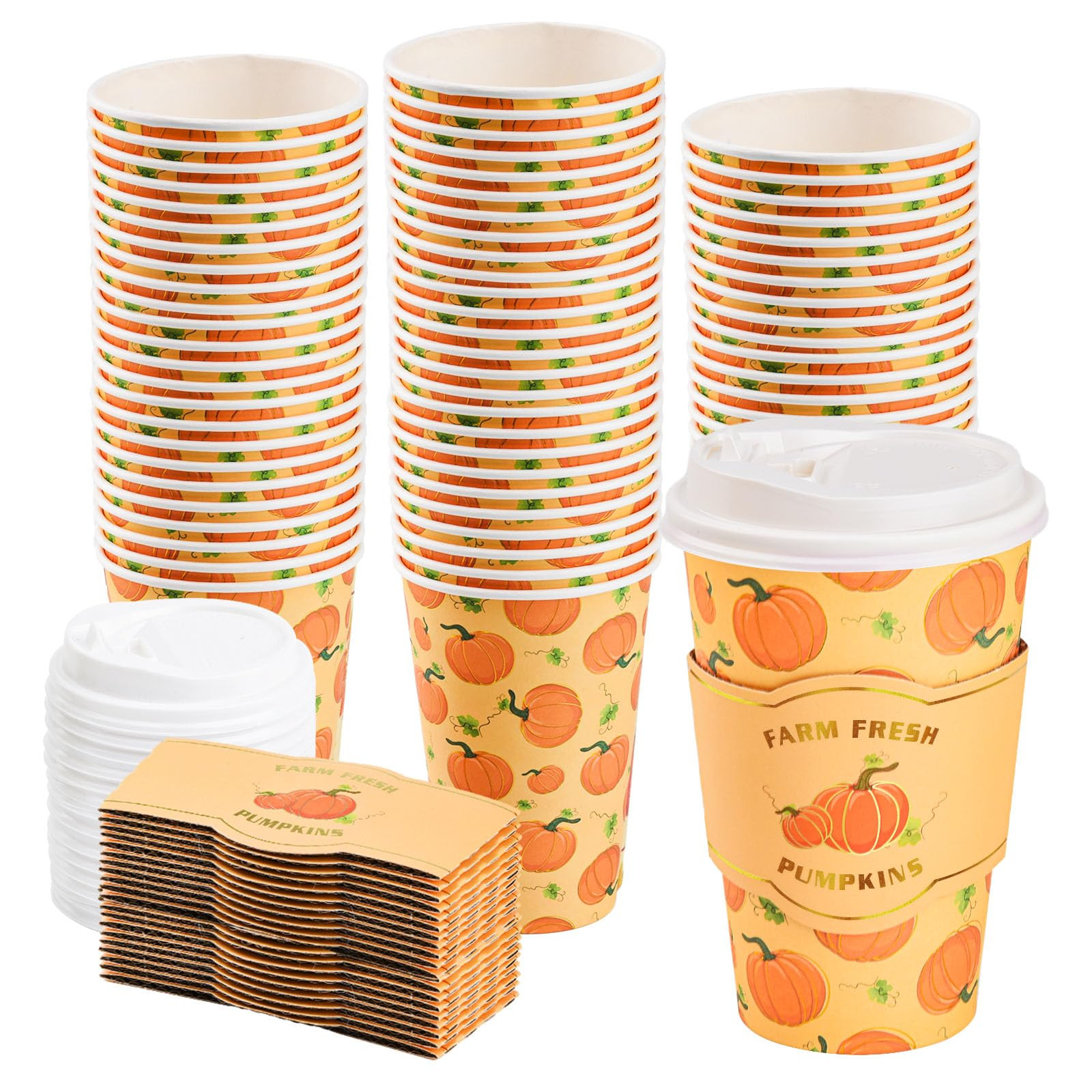 48 Pack 16 oz Fall Disposable Coffee Cups with Lids and Sleeves Autumn Pumpkin To Go Paper Coffee... | Amazon (US)