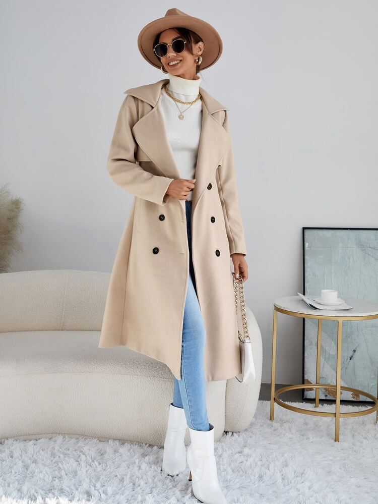 Solid Lapel Collar Double Breasted Overcoat | SHEIN