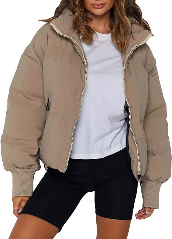 Uaneo Womens Casual Padded Full Zip Stand Collar Long Sleeve Puffer Jackets | Amazon (US)