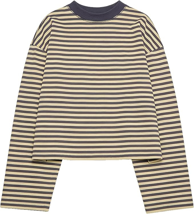 Y2k Womens Striped Cropped Shirt Drop Shoulder Long Sleeve Crewneck Sweatshirt Fairy Grunge Sweat... | Amazon (US)