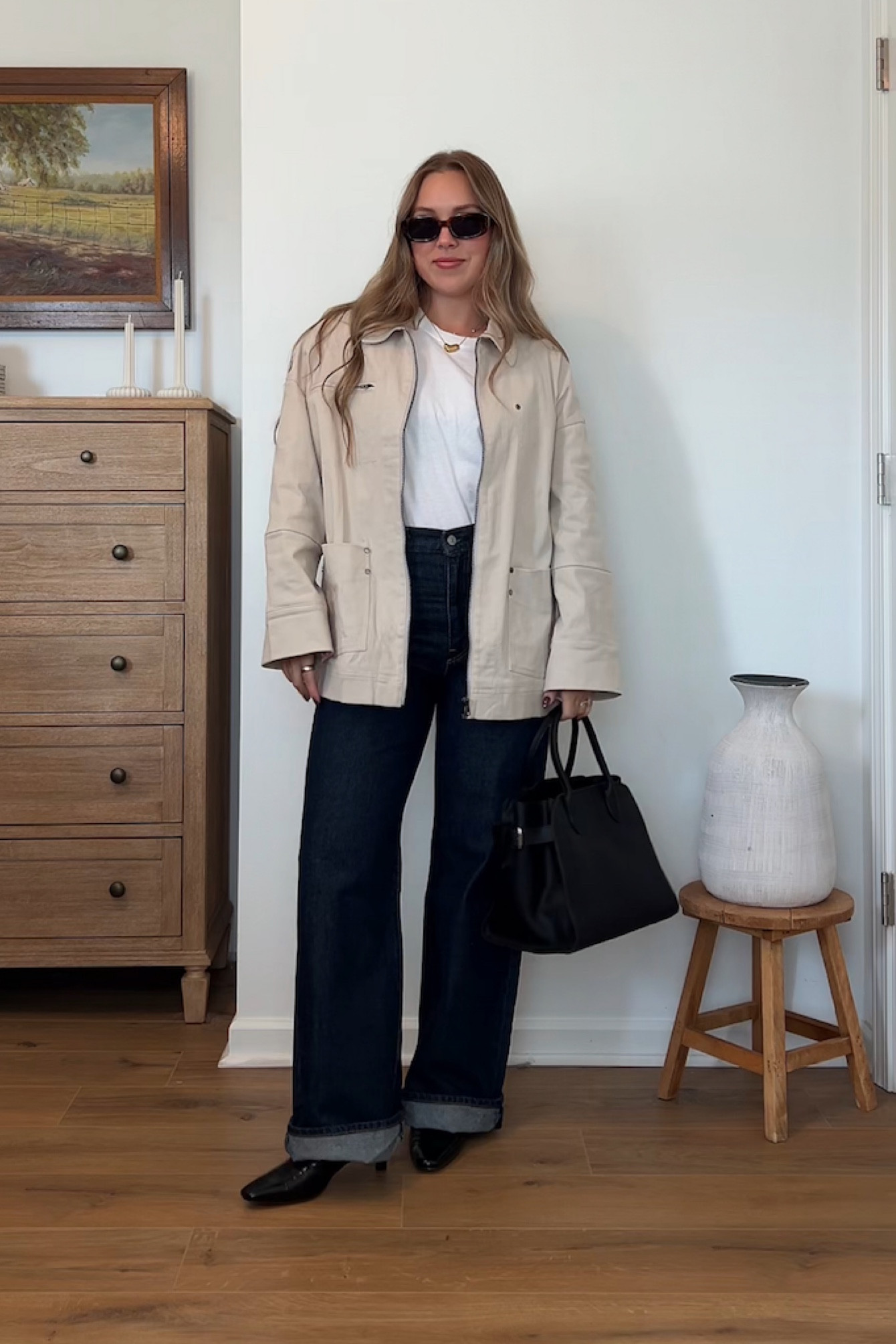 Black accessories are a great way to turn a casual look more chic! Wearing a medium shirt (oversized), medium jacket, 28 jeans

Neutral style, fall fashion, barn jacket, leather purse, black boots, leather booties, amazon finds, dark wash denim jeans, wide leg pants, basics, women’s clothing, autumn outfit, gold necklace, jewelry, sunglasses, pearl earrings 

#LTKWorkwear #LTKItBag #LTKStyleTip