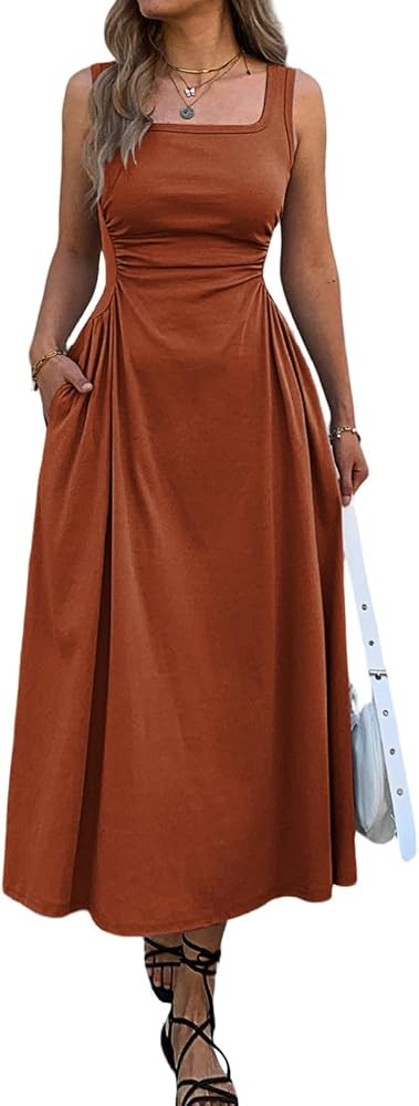 Mieazom Women's Square Neck Sleeveless Slim-Fit Maxi Dress Ruched Waist Corset Flowy Casual Summe... | Amazon (US)