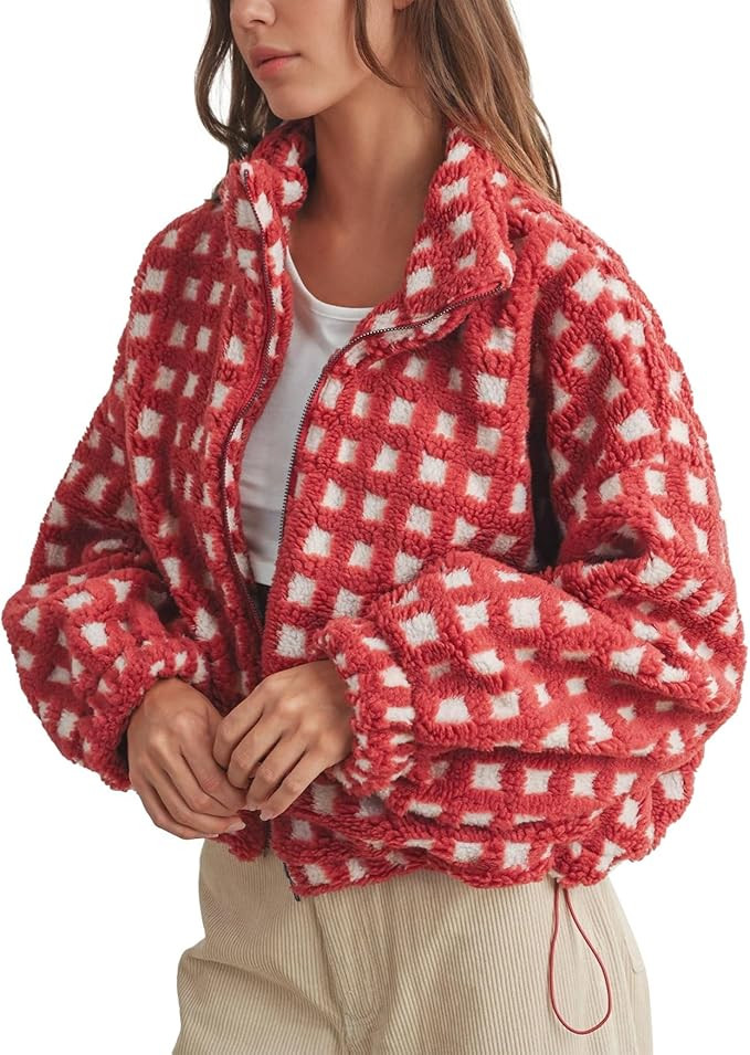 Womens Checkered Sherpa Jacket Cropped Long Sleeve Plaid Fleece Coats Casual Zip Up Gingham Outwe... | Amazon (US)