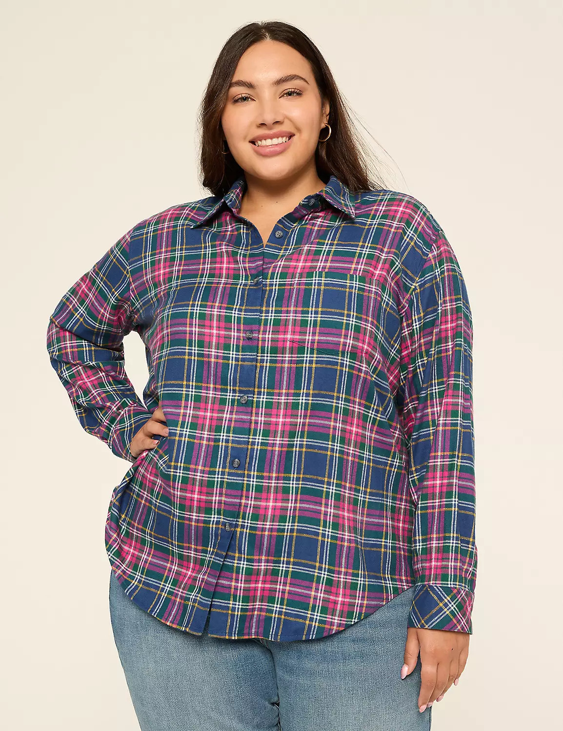 Metallic-Shimmer Button-Down Plaid Top | LaneBryant | Lane Bryant (US)