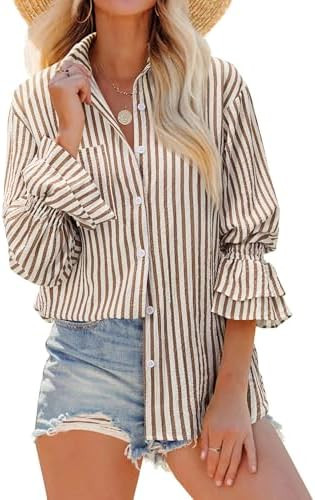 Striped Long Sleeve Shirt Women Oversize Button Down Shirts Smocked Boyfriend Blouse Ruffle Casua... | Amazon (US)