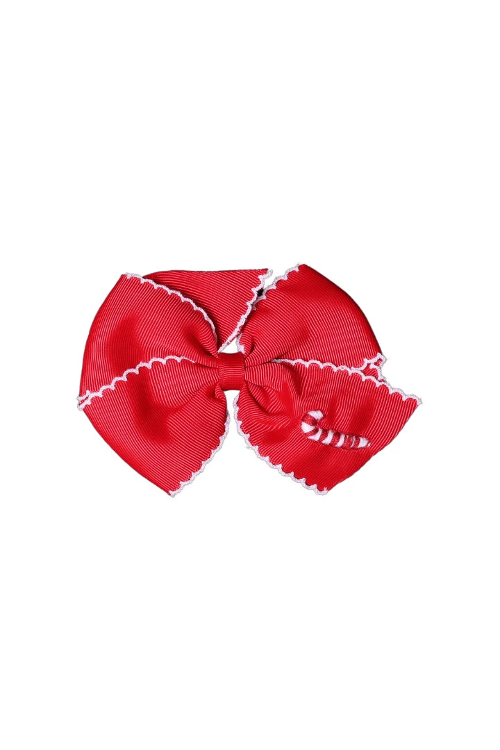 Embroidered Candy Cane Scalloped Edge Grosgrain Bow Red | The Smocked Flamingo