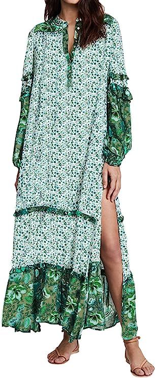 R.Vivimos Women's Long Sleeve Floral Print Bohemian Maxi Dresses with Slit | Amazon (US)