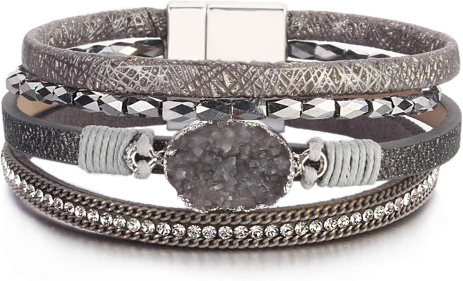 FANCY SHINY Leather Wrap Bracelet Boho Cuff Bracelets Crystal Bead Bracelet with Magnetic Clasp J... | Amazon (US)