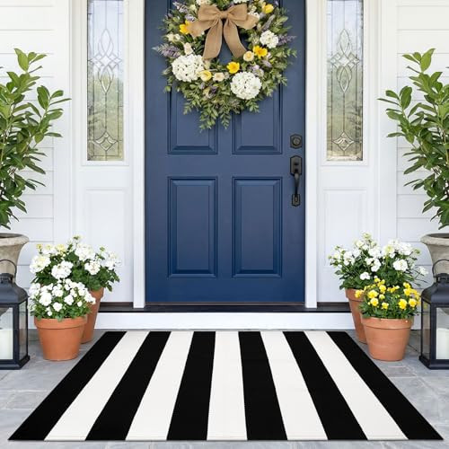 KOZYFLY Black and White Area Rug 27.5x43 Inches Striped Front Door Rug Cotton Washable Indoor Outdoor Rug Doormats Outdoor Small Striped Rugs for Kitchen Entryway Patio Front Porch Decor | Amazon (US)