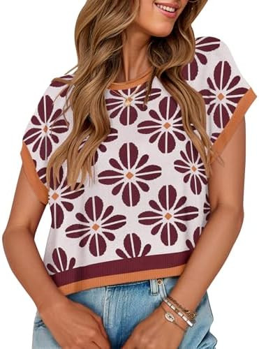 ZESICA Women's Spring Floral Sweater Vest Summer Short Sleeve Crewneck Cute Loose Knit Tops 2026 ... | Amazon (US)