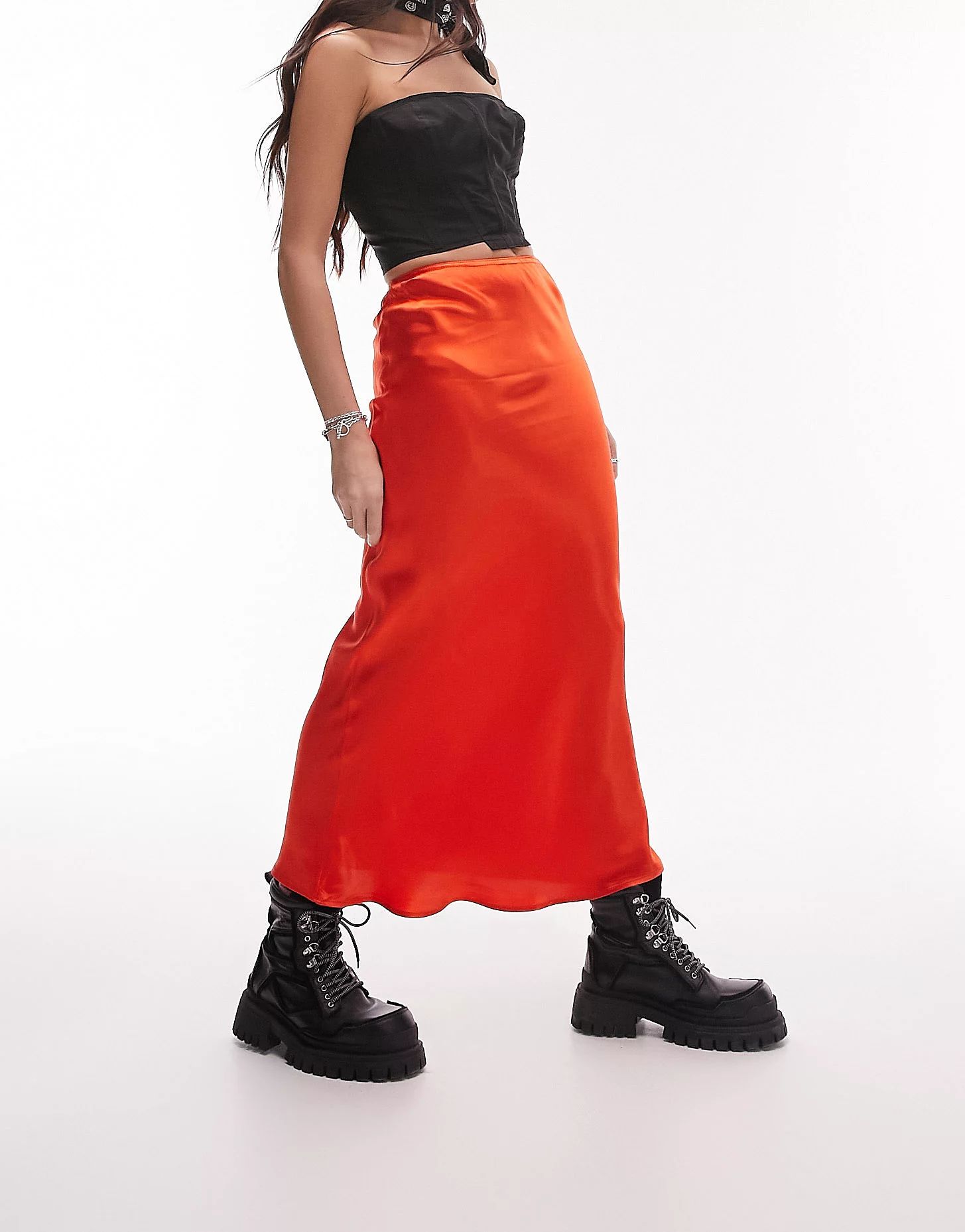 Topshop satin bias midi skirt in bright red | ASOS (Global)