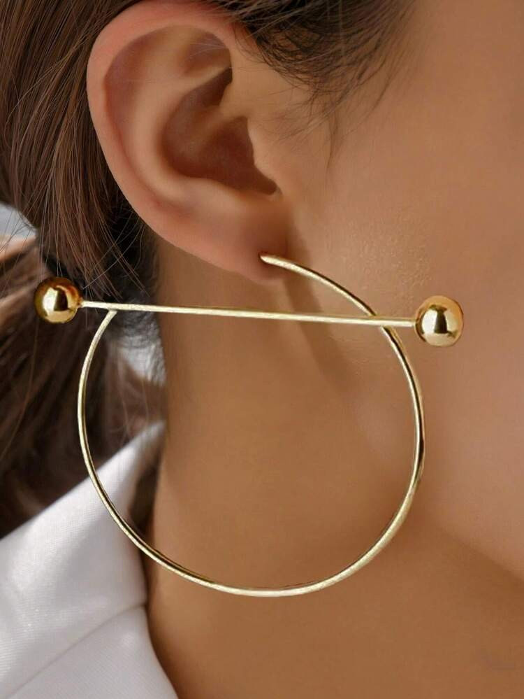 1pair Women's Fashionable Round Hoop Earrings With Bead Detailing, Suitable For Parties And Daily... | SHEIN
