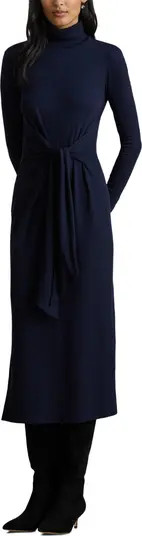 Turtleneck Tie Waist Long Sleeve Rib Cotton Blend Midi Dress | Nordstrom