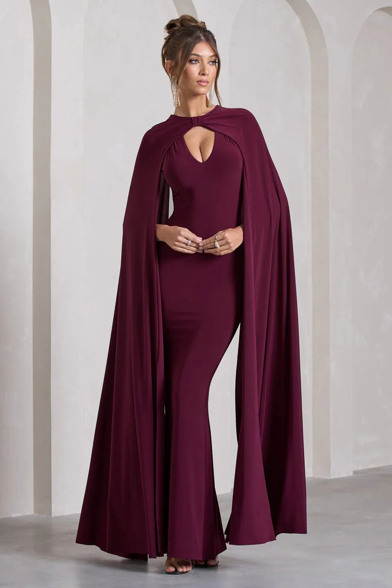 Standing Ovation | Burgundy Plunge-Neck Cape Maxi Dress | Club L London