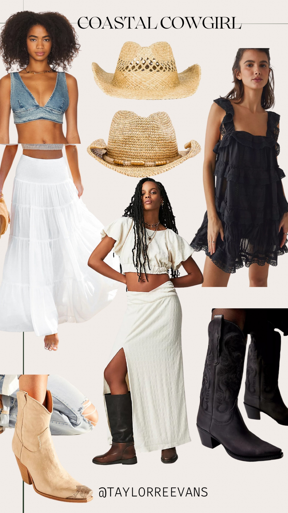 Coastal cowgirl
Country concert outfit Inspo
White maxi skirt
Denim bralette
Straw hat
Cowgirl boots 
Yeehaww 

#LTKunder100 #LTKshoecrush #LTKstyletip