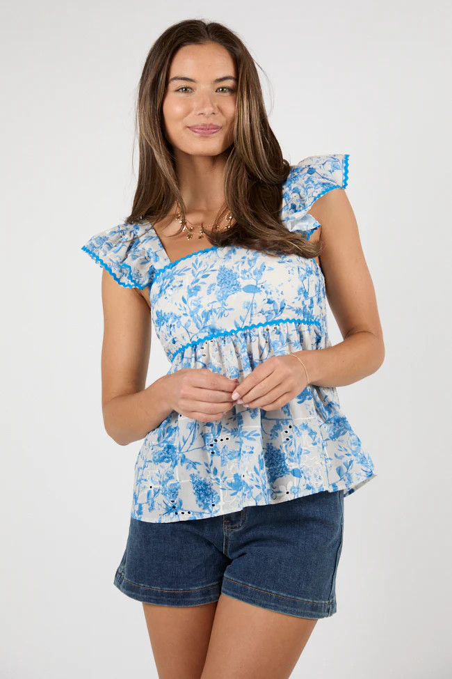 All I've Got Blue Floral Print Rick Rack Trim Tank | Pink Lily