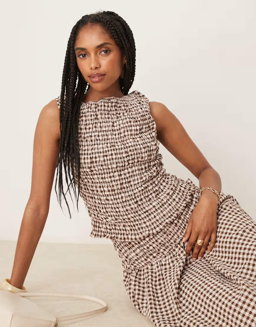 ASOS DESIGN shirred sleeveless tank in brown gingham | ASOS (Global)