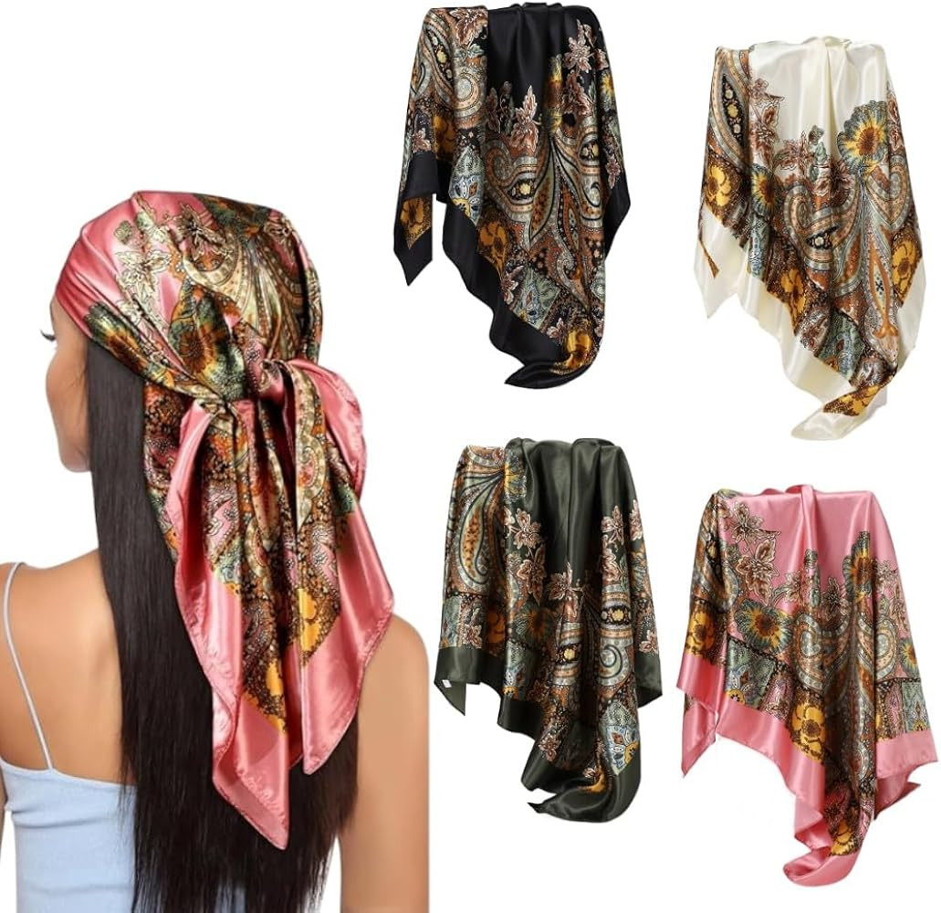 KARBAG 4 Pack Large Square Satin Head Scarf, 35" Silk Hair Bandana for Women - Beach Squares, Hea... | Amazon (UK)