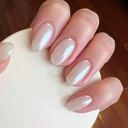 White Chrome Press on Nails Short Almond Fake Nails Aurora False Nails with Design Solid Mirror P... | Amazon (US)
