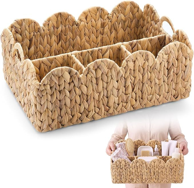 Scalloped Edge Wicker Basket Divided Storage Hand Woven Rattan Basket Tray for Bathroom Bedroom K... | Amazon (US)