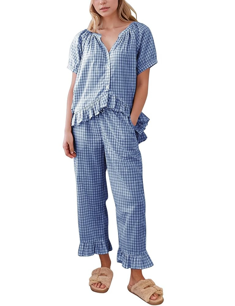 Flygo Womens Plaid 2 Piece Pajamas Sets Gingham Button Down Puff Sleeve Babydoll Shirt Ruffle Pan... | Amazon (US)