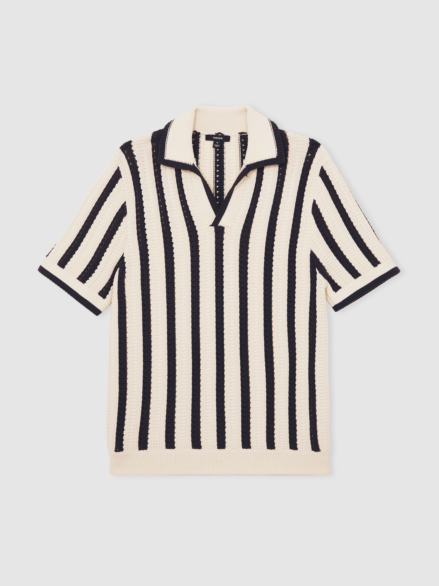 Cotton Blend Stripe Knit Polo Shirt in Off White/Navy | Reiss UK