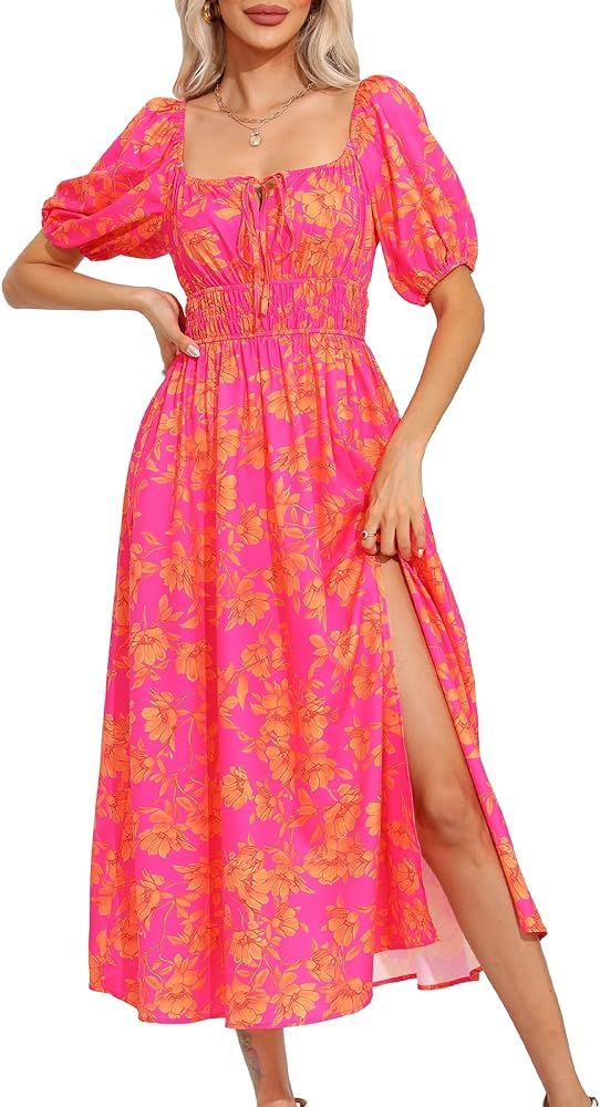 Meetrendi Women's 2024 Spring Summer Boho Floral Midi Dress Square Neck Puff Short Sleeve Casual ... | Amazon (US)