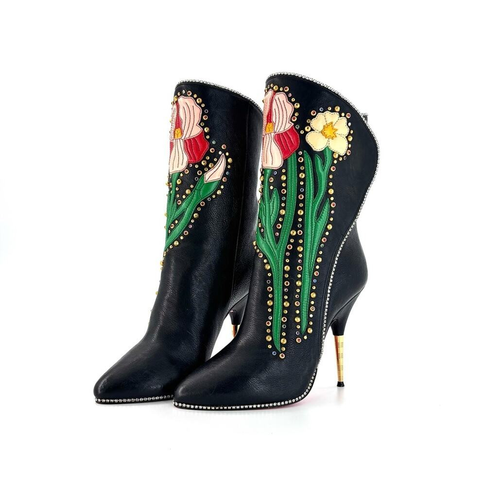 Gucci Intarsia Floral Rhinestone Embellished Black Leather Stiletto Boots 37 | Poshmark