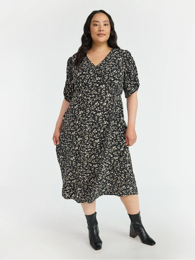 Time and Tru Women's Midi Dress with Ruched Sleeves, Sizes XS-XXXL | Walmart (US)