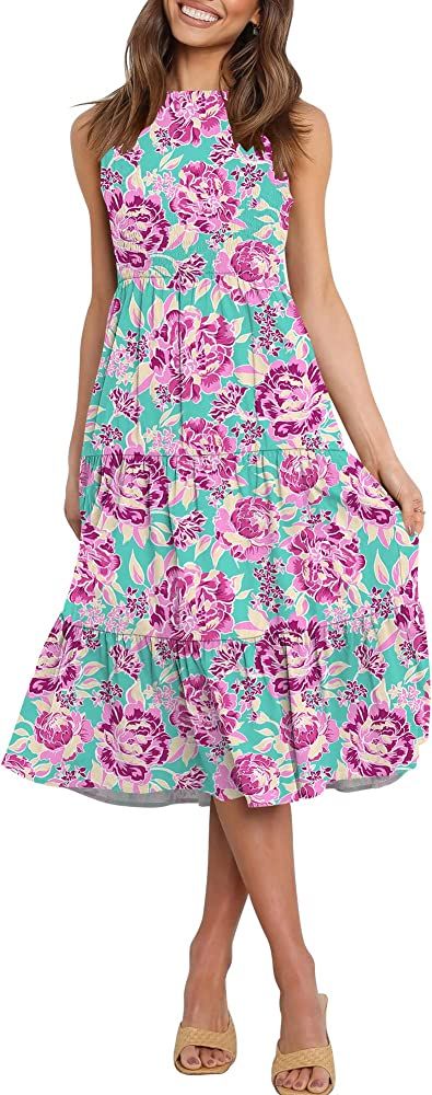 LOGENE Womens Sleeveless Crew Neck Smocked Elastic Waist Tiered Midi Dress Summer Sun Dresses wit... | Amazon (US)