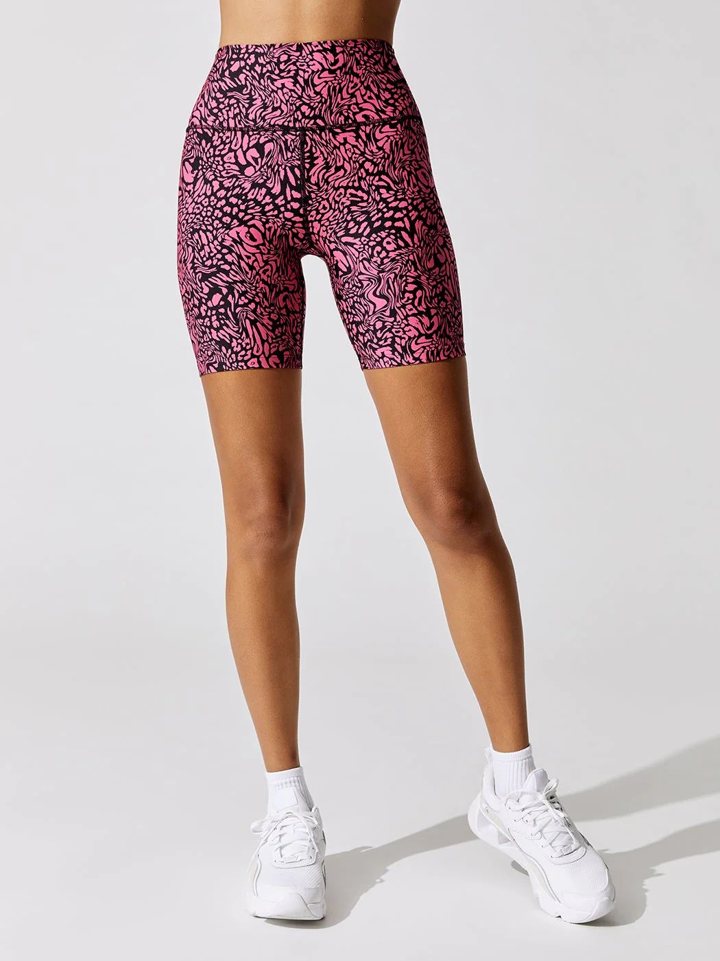 Swirly Leopard Printed Biker Short - Electric Pink Swirly Leopard | Carbon38