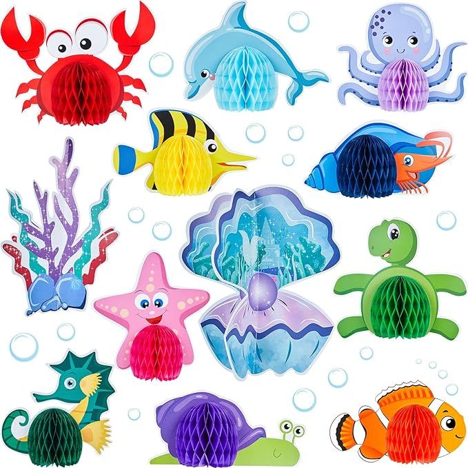 12 Pieces Under The Sea Party Decorations Ocean Sea Animal Honeycomb Centerpiece Ocean Themed Par... | Amazon (US)