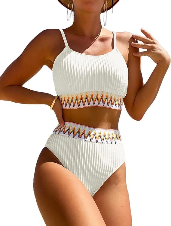 Women's High Waisted Swimsuit Two Piece Ribbed Bikini Sets Crop Top High Cut Cheeky Bathing Suits | Amazon (US)