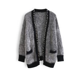 Shimmer Fuzzy Knit Pearly Cardigan in Grey | Chicwish