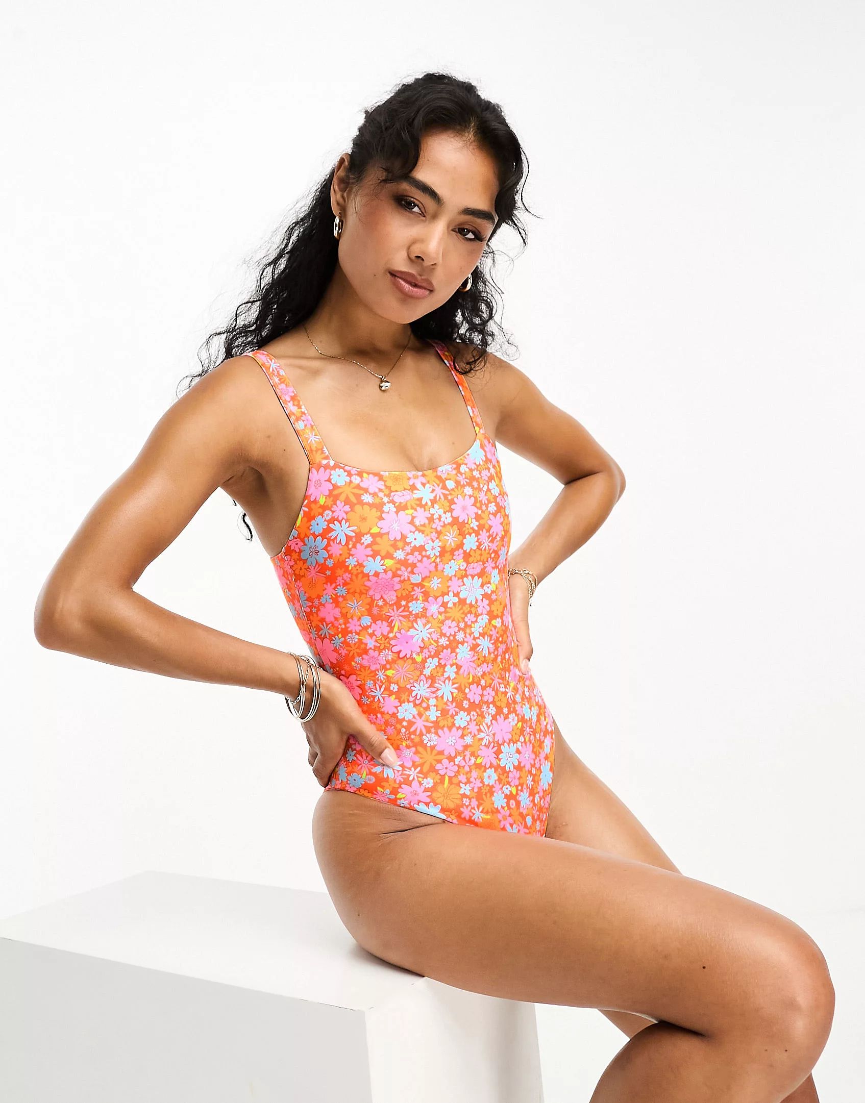 Kulani Kinis x Hannah Meloche & Ava Jules adjustable strap swimsuit in orange ditsy floral print ... | ASOS (Global)