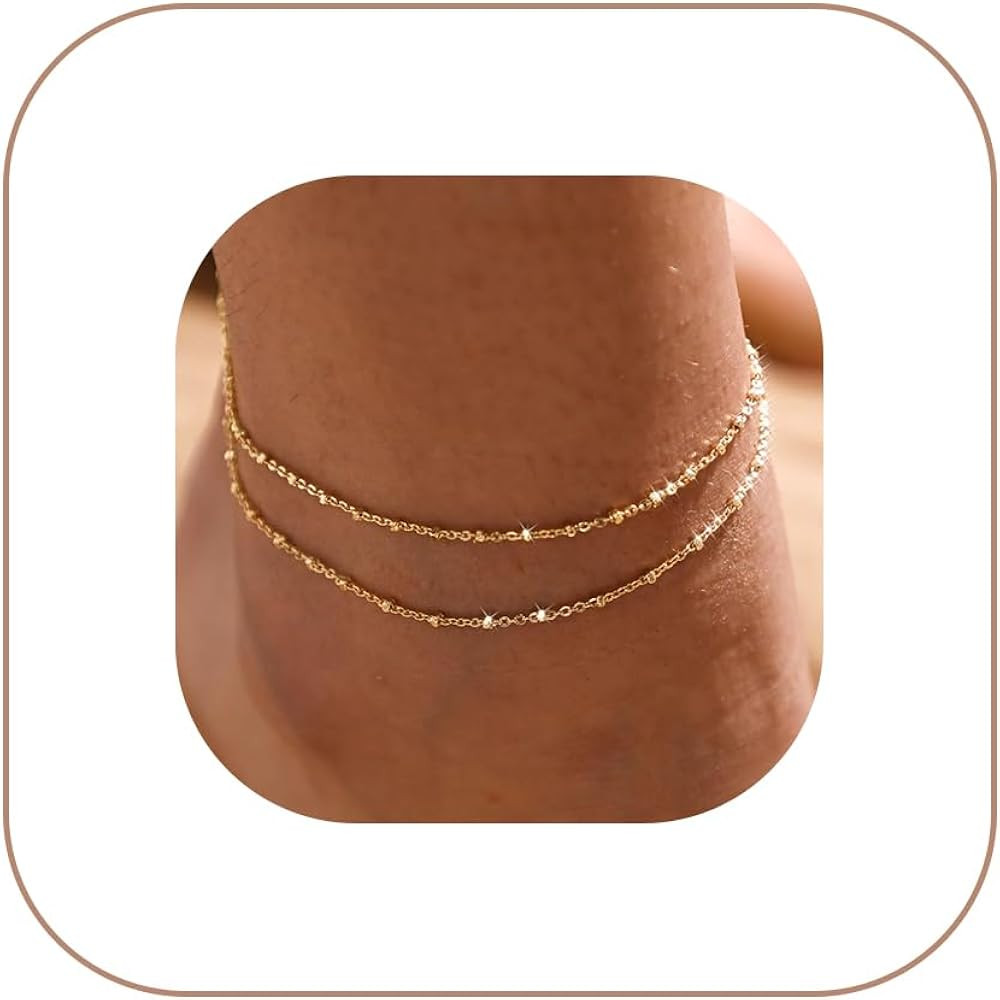 Gold/Silver Ankle Bracelets for Women,14K Gold Anklets for Women Waterproof Cuban Link Heart Bead... | Amazon (US)